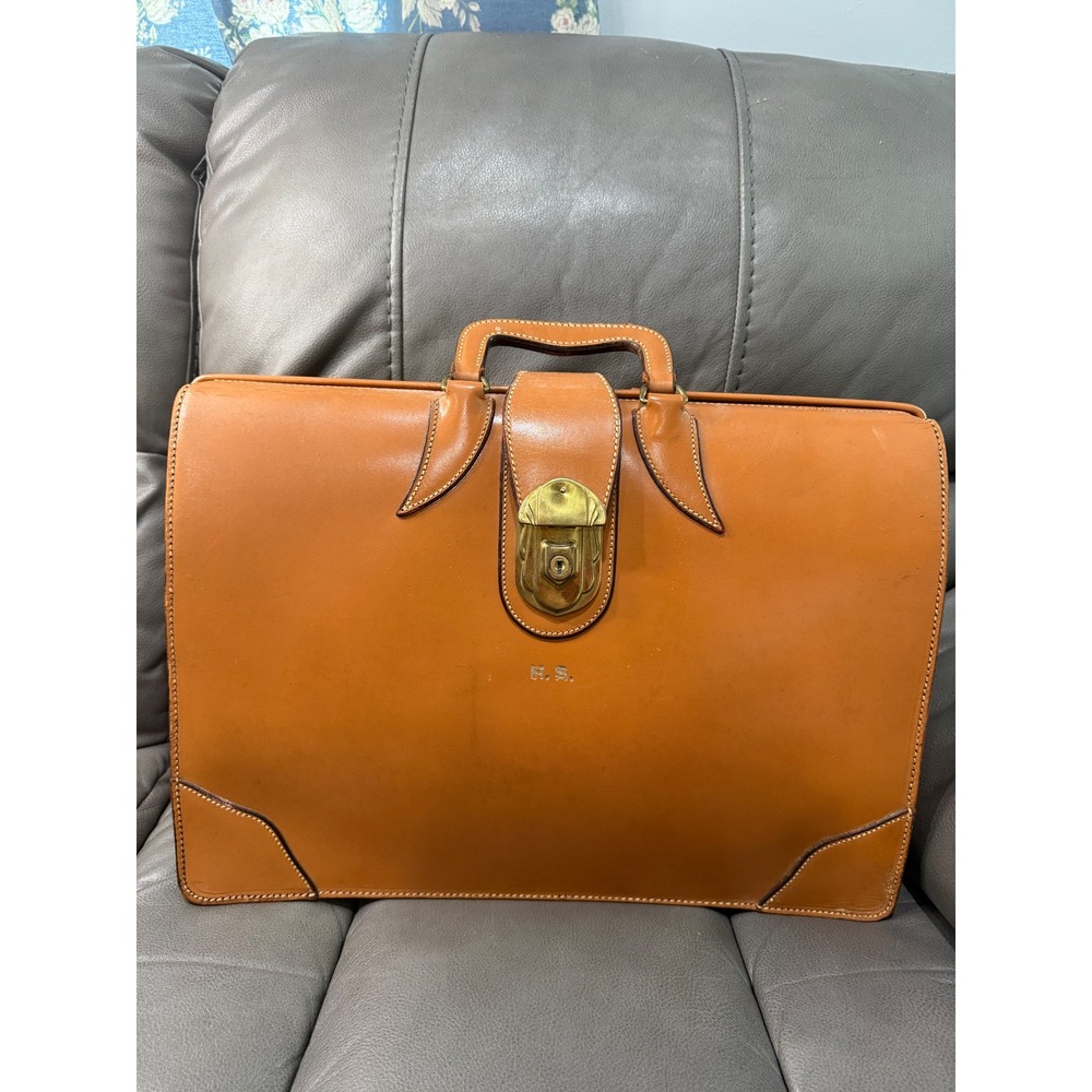 Vintage Tan Leather Briefcase Brass Lock Accordion Document Bag  H.S.